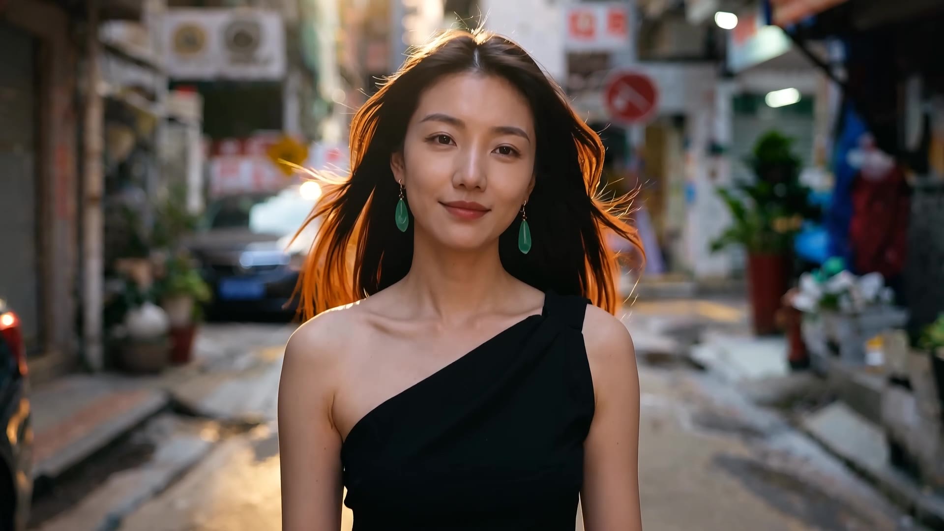 夕阳下的女孩走在港风街道上